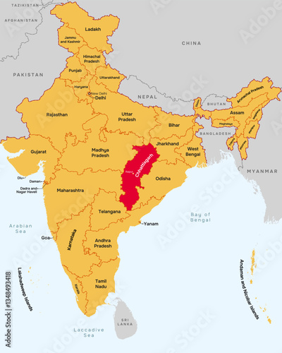 Chhattisgarh Chhattisgarh state map, India. Editable Vector map silhouette illustration isolated at India, highlighted at Chhattisgarh Chhattisgarh state, with state name, border, and Raipur capital.