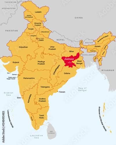Jharkhand state map, India. Editable Vector map silhouette illustration isolated at India, highlighted at Jharkhand state, with state name, border, and Ranchi capital city.