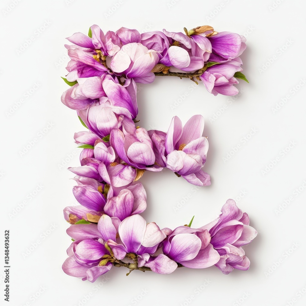Capital Letter E Adorned with Pink Flowers on White Background. Capital Letter E Adorned with Pink Flowers on White Background.