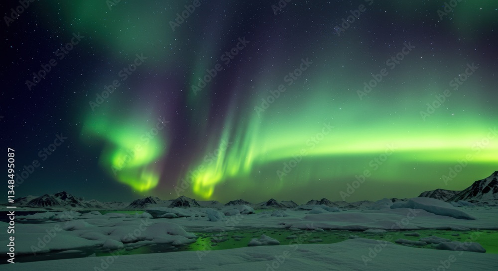 Naklejka premium Vibrant Aurora Borealis Illuminating Snowy Landscape Under Starry Sky