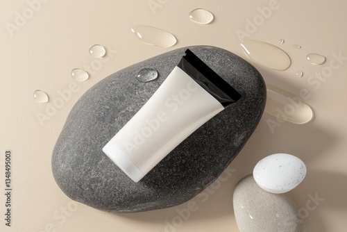 Minimalist Exfoliator Tube on Stone Surface with Water Droplets