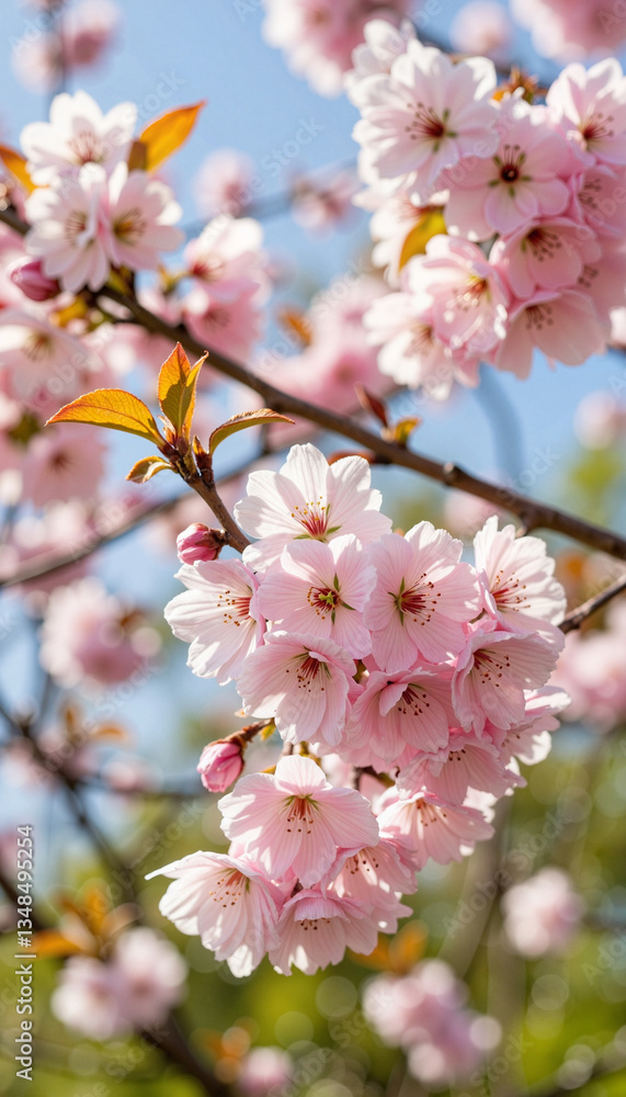 Delicate cherry blossoms blooming against serene blue sky, nature's beauty Delicate cherry blossoms blooming against serene blue sky, nature's beauty