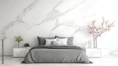 Modern bedroom interior design with marble wall and bed, plant decorations. Use Home decor
