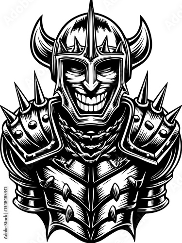 Demonic knights and demons in SVG vector format. Spiked Armor Warrior with Grinning Skull Face and Horns Design