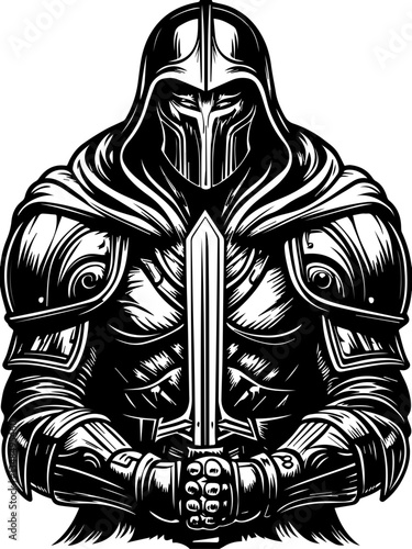 Demonic knights and demons in SVG vector format. Dramatic Armor-Clad Warrior with Sword in Intense Stance