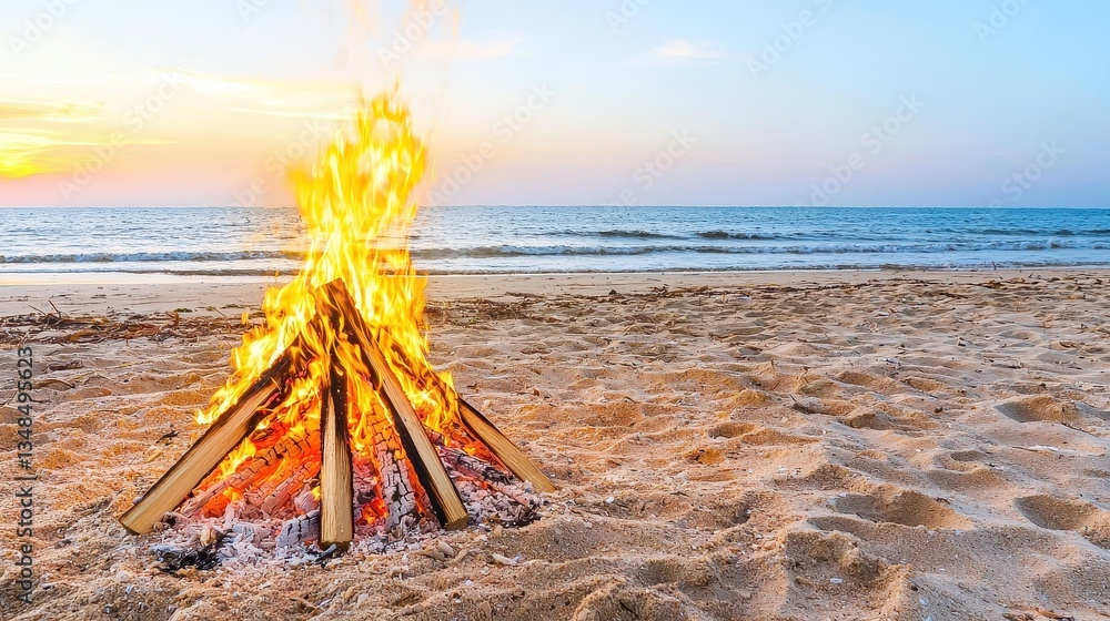 Fototapeta premium Cozy Beach Bonfire at Sunset with Calm Waves and Warm Sandy Shoreline in the Background