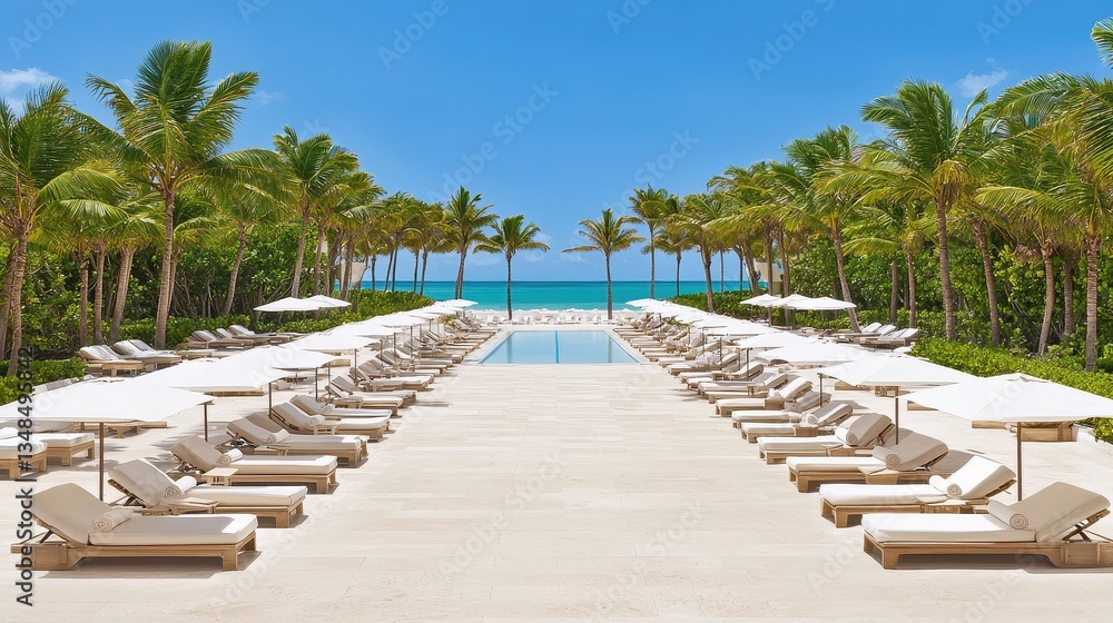 Naklejka premium Tropical Resort Poolside Oasis with Palm Trees and Sun Loungers by the Beach