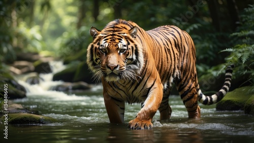 "A Confident Tiger with Striking Orange and Black Stripes Walks Through Shallow Water"