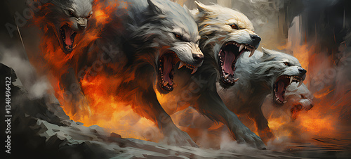 epic Cerberus battle wild, ai generative