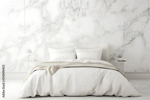 Elegant bedroom interior with marble wall, bed, and chandeliers, creating a luxurious and serene atmosphere