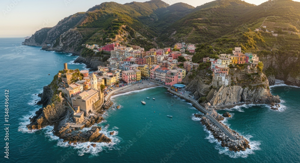 Naklejka premium Aerial view of a colorful coastal village at sunset, surrounded by mountains and sea