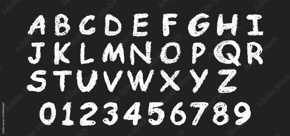 English alphabet and numbers 0-9, hand-drawn in a white wax crayon or chalk style on a board. Highlighter effect, perfect for kindergarten drawing, learning, and creative design. Vector illustration. English alphabet and numbers 0-9, hand-drawn in a white wax crayon or chalk style on a board. Highlighter effect, perfect for kindergarten drawing, learning, and creative design. Vector illustration.