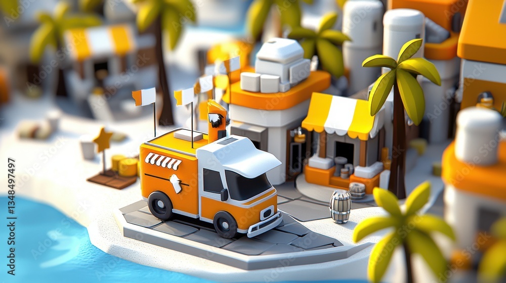 Fototapeta premium Whimsical Low Poly Island Beach Scene with Orange Food Truck
