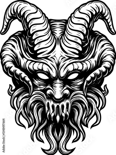 Fantasy monsters and demons, depicted in SVG and vector format.Detailed Black and White Illustration of Horned Creature Head