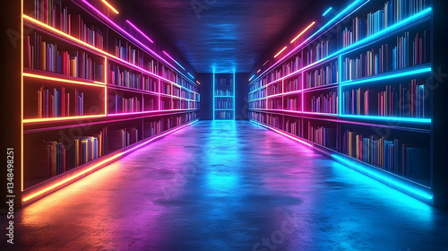 Wallpaper Mural Vivid neon-lit library with shelves filled with books, creating a futuristic, colorful hallway Torontodigital.ca