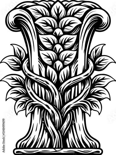 Forest beasts and guardian demons in SVG vector format. Ornate Column Design with Leaves and Vines in Black and White