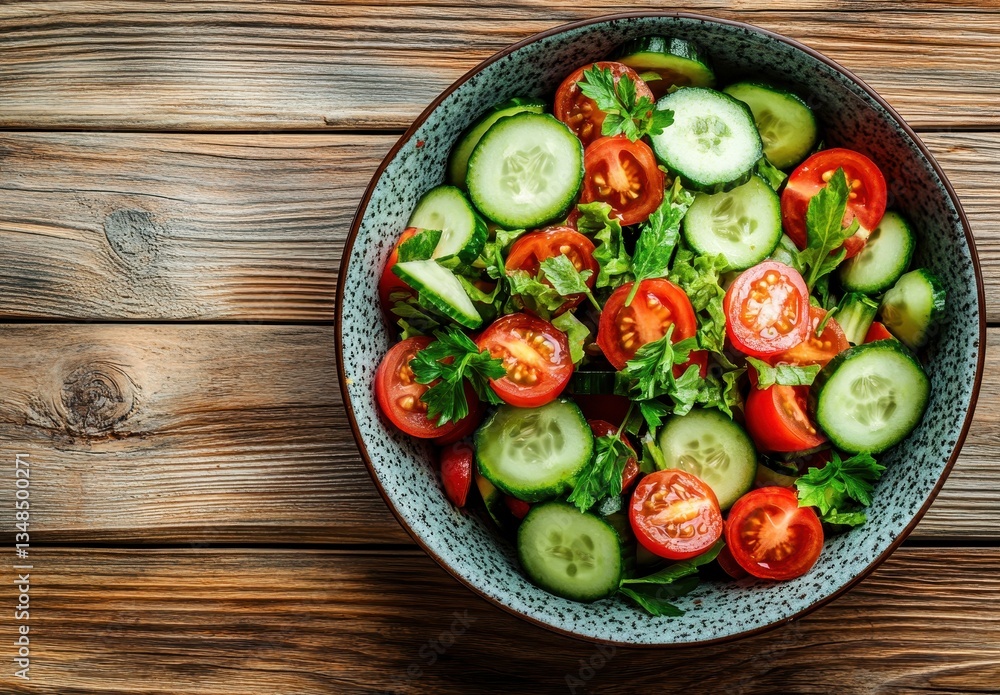 Fresh and Colorful Vegetable Salad with Cucumbers, Tomatoes, and Greens in a Bowl on a Rustic Wooden Table Surface Fresh and Colorful Vegetable Salad with Cucumbers, Tomatoes, and Greens in a Bowl on a Rustic Wooden Table Surface