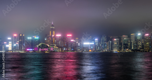  A long exposure night view of Hong Kong island Wan Chai district city skyline.