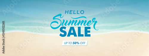 Summer sale horizontal banner. Vector beautiful realistic top view illustration of sandy summer beach