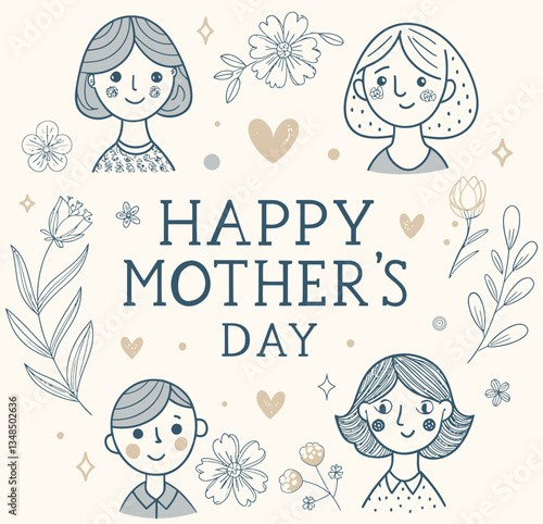 Happy Mother’s Day with Hand-Drawn Family Portraits and Floral Accents