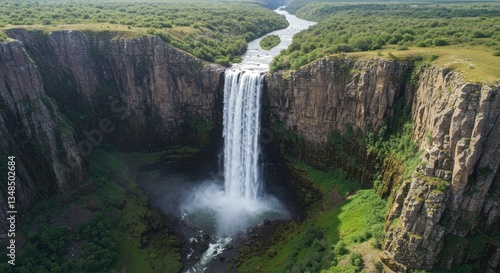 Majestic waterfall cascading down cliffs amidst lush greenery and river