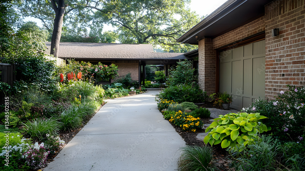 Naklejka premium Pathway Leading To A Brick Residential House With Lush Garden and Green Foliage during daytime with sunlight