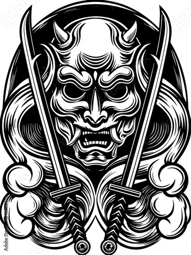 Ghost samurai and demons in SVG vector format. Fierce Samurai Mask Design with Dual Swords and Dramatic Flair