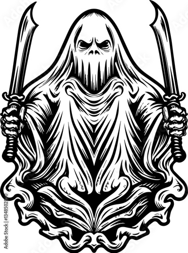 Ghost samurai and demons in SVG vector format. Grim Reaper with Swords in Detailed Black and White Design