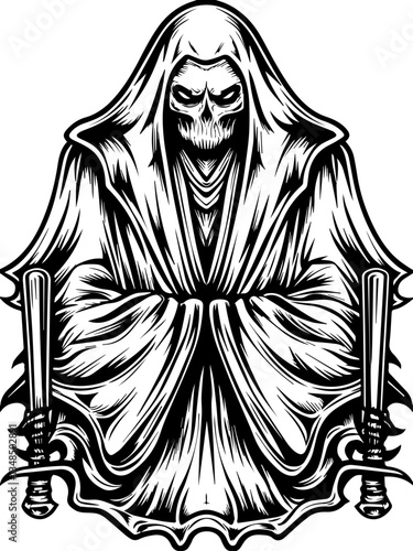 Ghost samurai and demons in SVG vector format. Mysterious Grim Reaper Figure with Bat Imagery in Black and White
