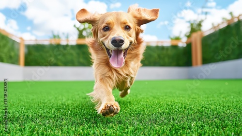 A happy golden retriever dog runs playfully across a lush green artificial grass lawn in a sunny outdoor backyard environment.