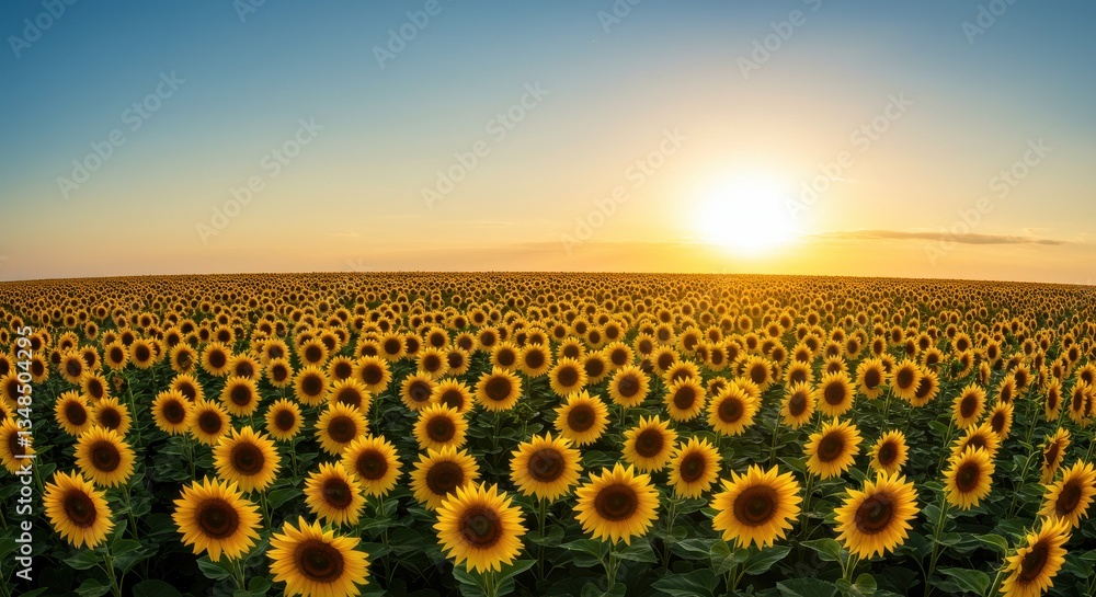 Fototapeta premium Expansive sunflower field under a vibrant sunset, showcasing nature's beauty