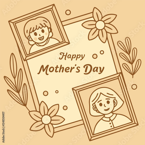 Happy Mother's Day with Family Portraits and Floral Accents in Minimalist Style
