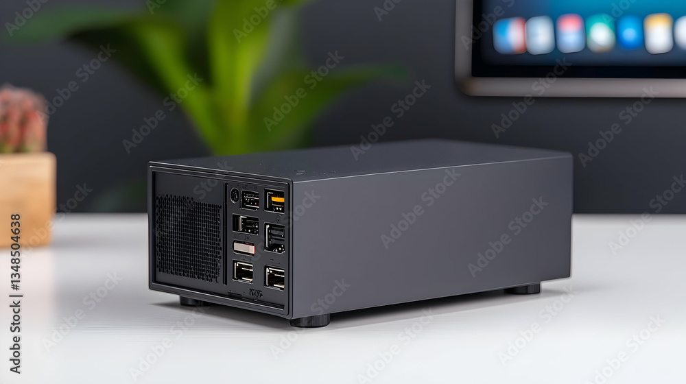 Fototapeta premium Black Mini Computer Device Displaying Ports And Interfaces On A White Table Beside A Green Plant