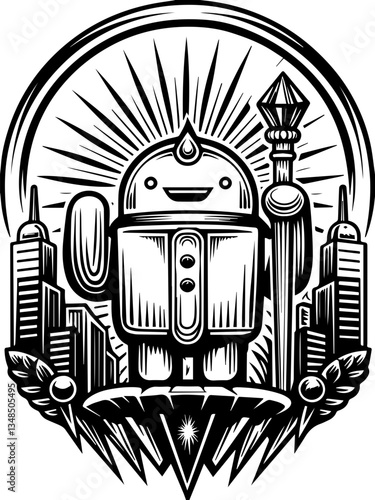 Gods and future demons in SVG vector format. Charming Robot Character with City Skyline and Radiant Design