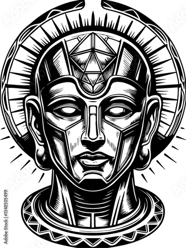 Gods and future demons in SVG vector format. Detailed Black and White Illustration of Ancient Statue Head