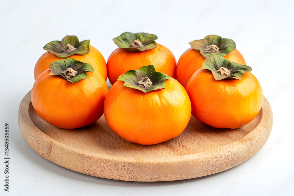 Juicy Persimmons on Wooden Tray Delightfully Juicy Persimmons on Wooden Tray Delightfully