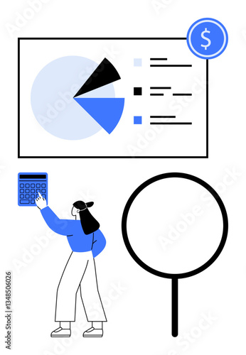 Woman using a calculator beside a pie chart presentation, magnifying glass symbolizing analysis. Ideal for data review, finance, strategy, research, problem-solving, budgeting, flat simple metaphor