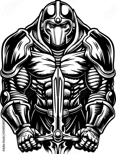 Gods of thunder and demons in SVG vector format. Warrior in Armor with Sword Displaying Strength and Valor