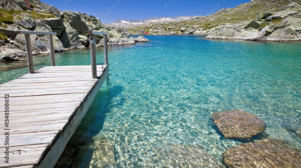 Serene Mountain Lake with Crystal Clear Water and Wooden Dock Under Bright Blue Sky Serene Mountain Lake with Crystal Clear Water and Wooden Dock Under Bright Blue Sky