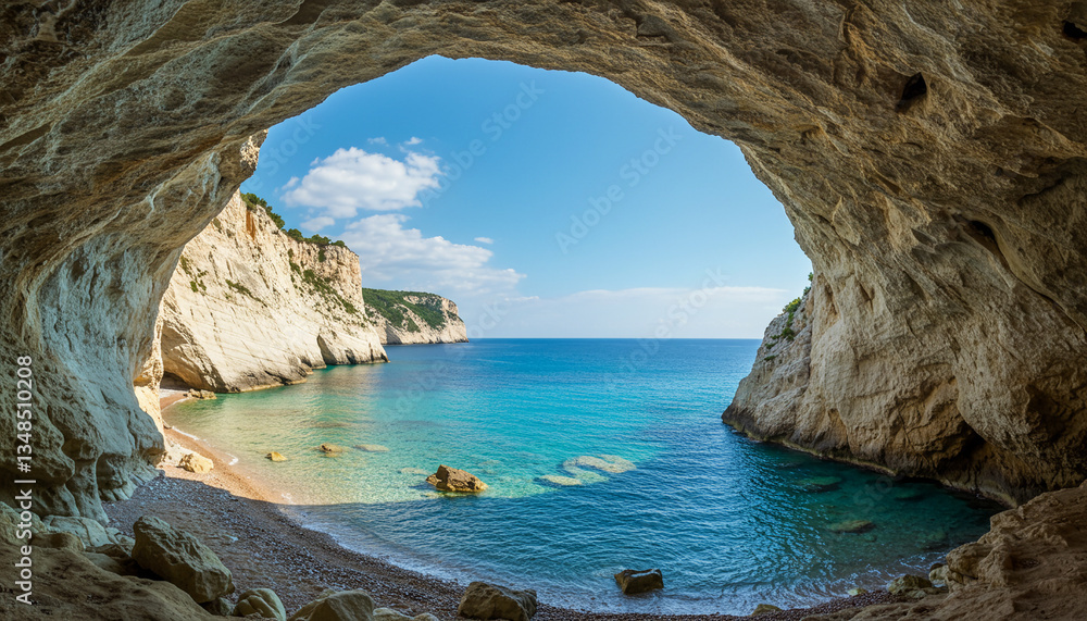 Cave view of coastal scene with turquoise sea sandy beach and rugged green cliffs creating a natural and serene panorama Cave view of coastal scene with turquoise sea sandy beach and rugged green cliffs creating a natural and serene panorama