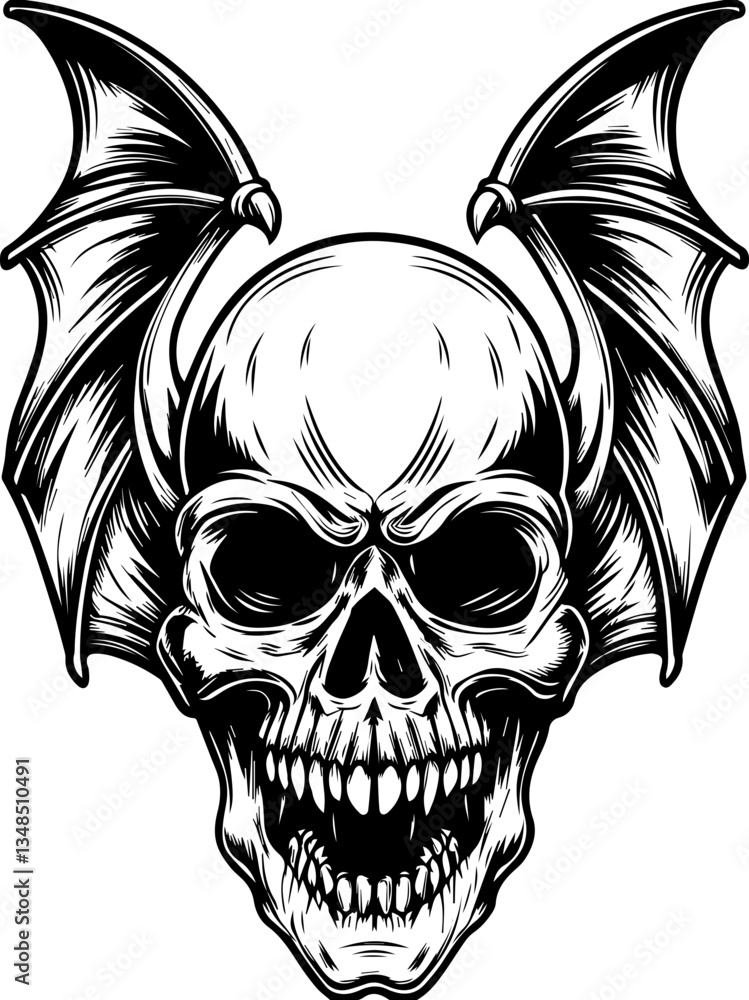 Fototapeta premium Gothic Dracula and vampire demons in SVG vector format. Detailed Skull with Devil Wings in Black and White Illustration