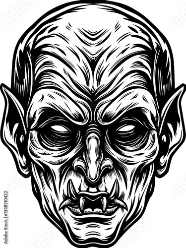 Gothic Dracula and vampire demons in SVG vector format. Creepy Monstrous Creature Head with Sharp Fangs and Pointed Ears
