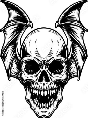 Gothic Dracula and vampire demons in SVG vector format. Detailed Skull with Devil Wings in Black and White Illustration