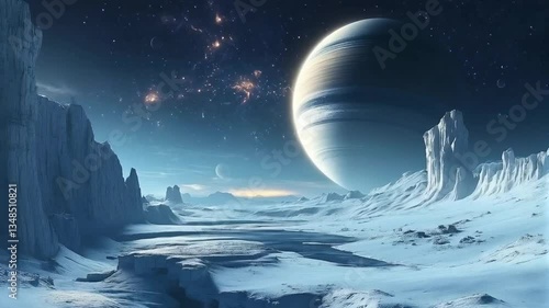 Futuristic alien landscape with a giant planet in the night sky and icy mountains in a serene environment
