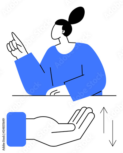 Person pointing upward with thoughtful expression, hand below illustrating balance and dynamics, emphasized by arrows. Ideal for teamwork, education, communication, guidance, self-expression