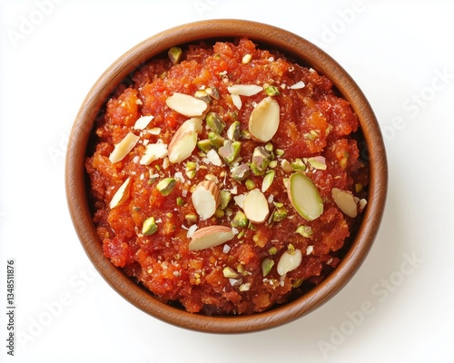 Wooden bowl filled with gajar halwa topped with nuts