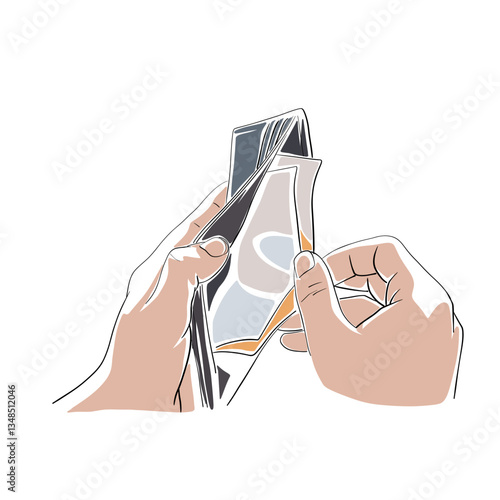 Hands take money from the wallet, cash payment. Isolated vector illustration. Flat design.