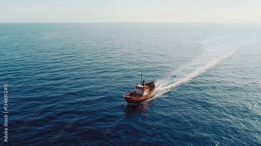 Obraz premium Small fishing boat navigating through calm blue ocean waters on a sunny day at sea