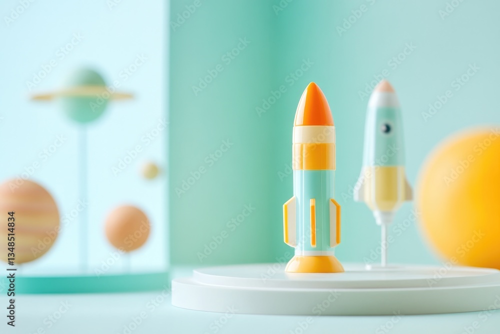 Colorful rockets stand proudly against playful backdrop of plane Colorful rockets stand proudly against playful backdrop of plane