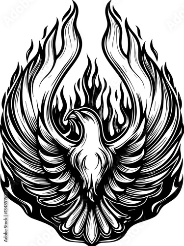 Mythical creatures and demons in SVG vector format. Majestic Phoenix Rising with Flames and Wings in Black Design